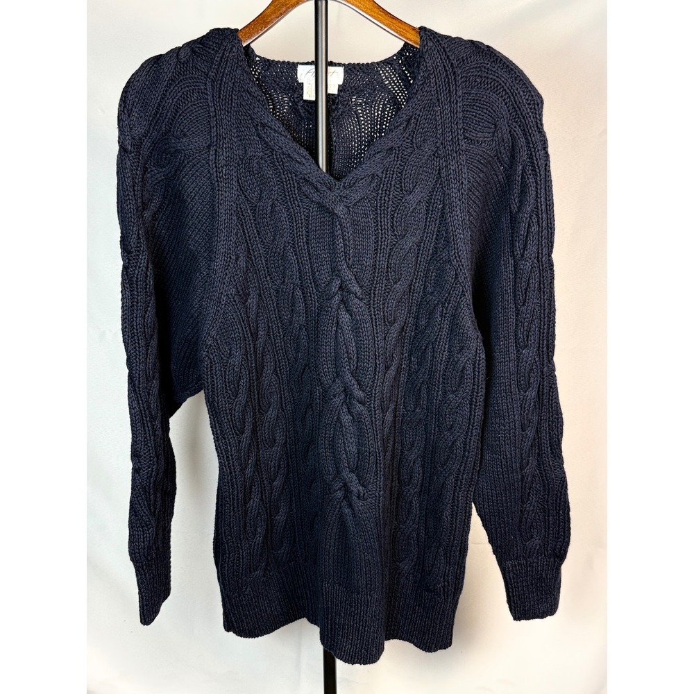 Apart Vintage L Chunky Cable Knit Navy V-Neck Sweater Cozy Winter Cottagecore